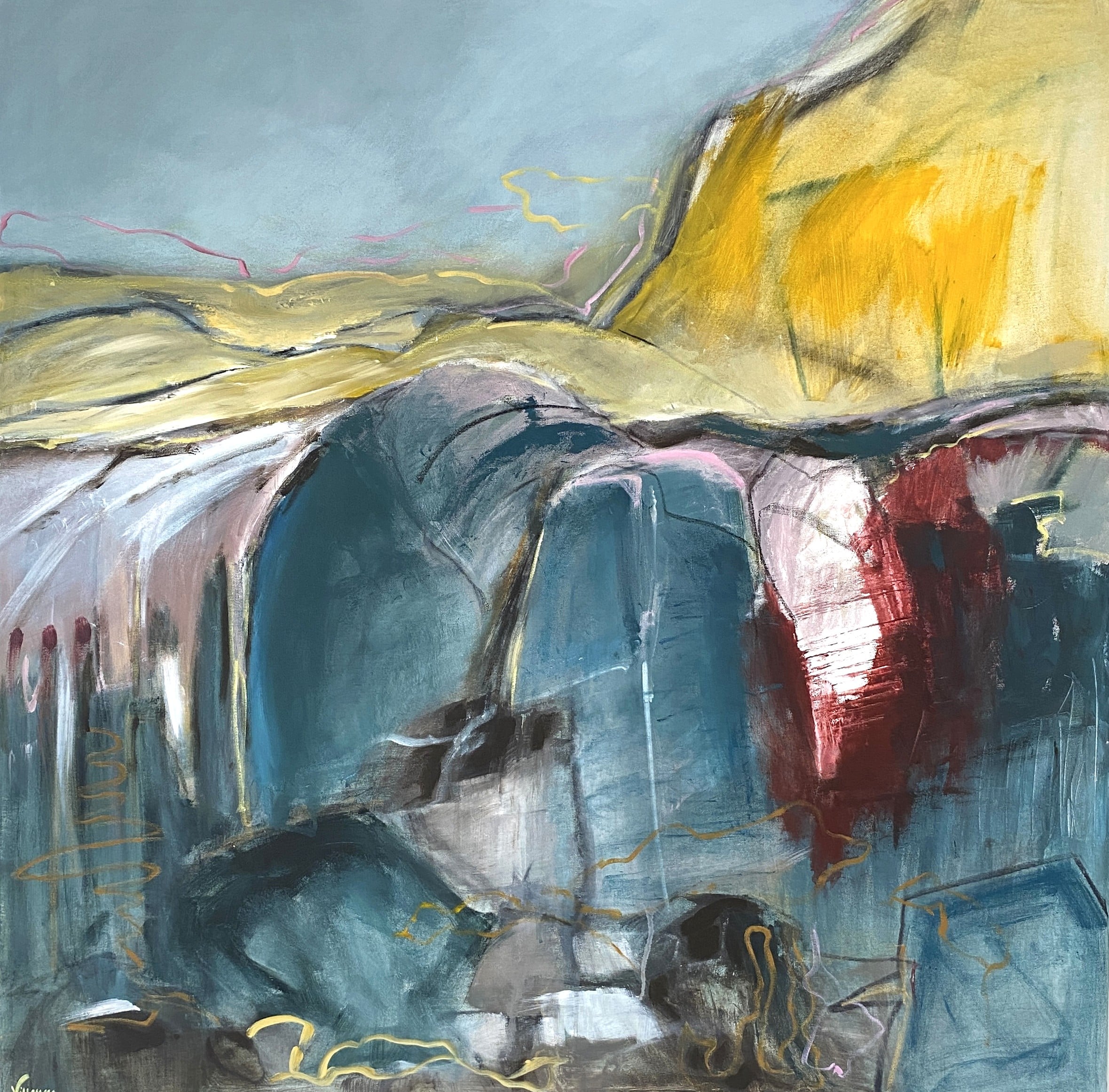 100x100 Fractured calm. Golden heights blaze through the veiled turmoil