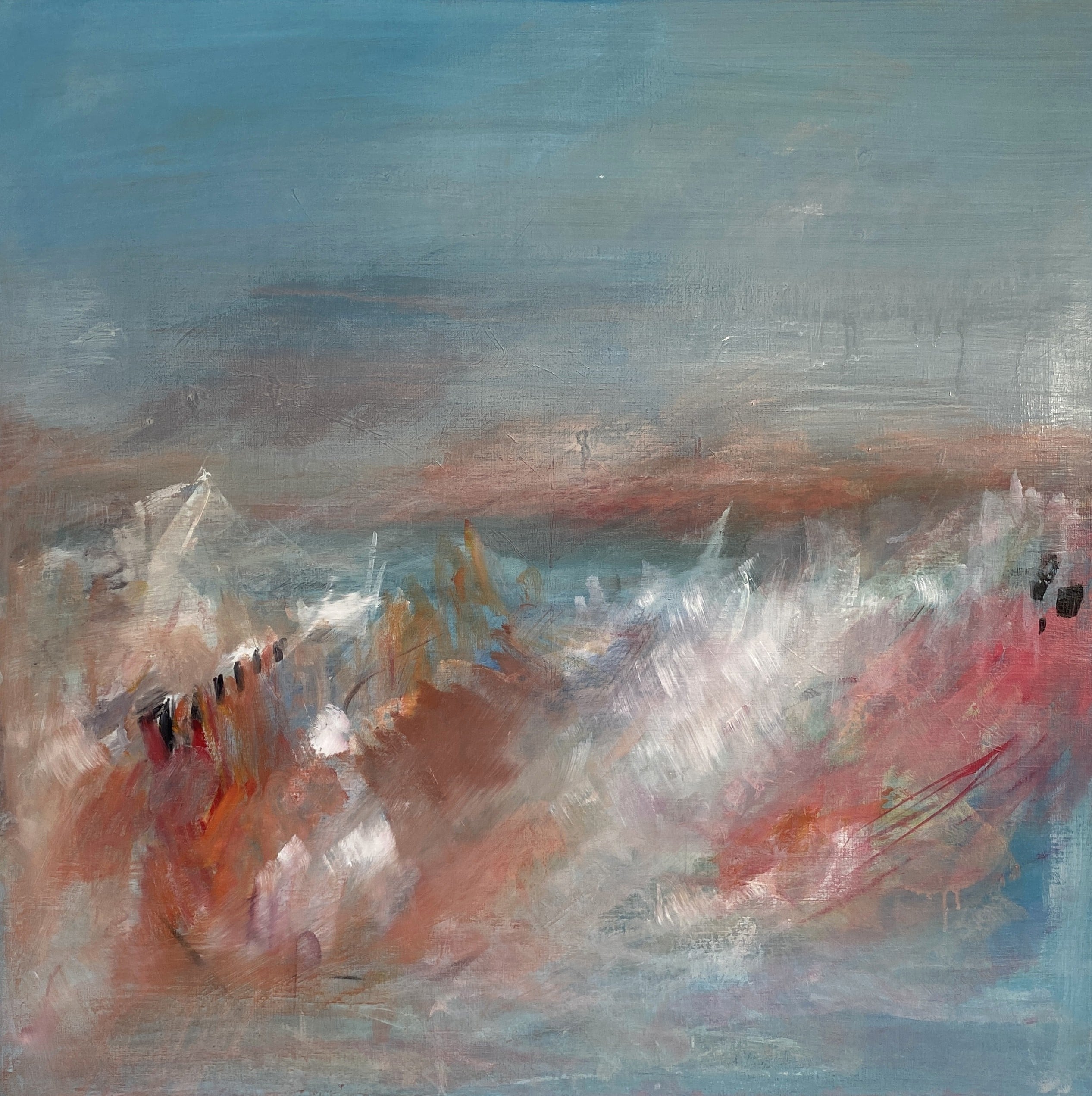 80x80 Bulwark piles. Waves rise where bulwarks hold the line, soft with rage, yet shaped by time
