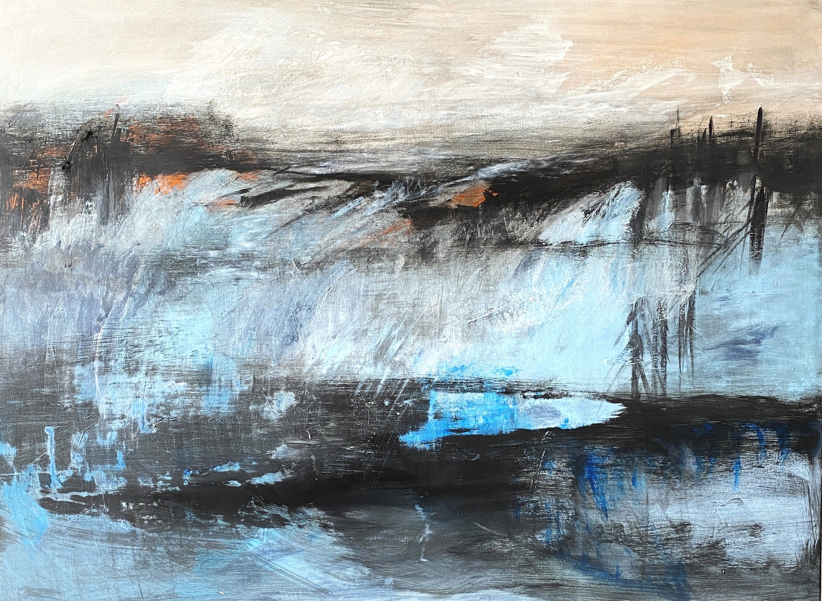 120x90 Your haze. Where silence pools in cobalt light, your shadow moves - not day, not night
