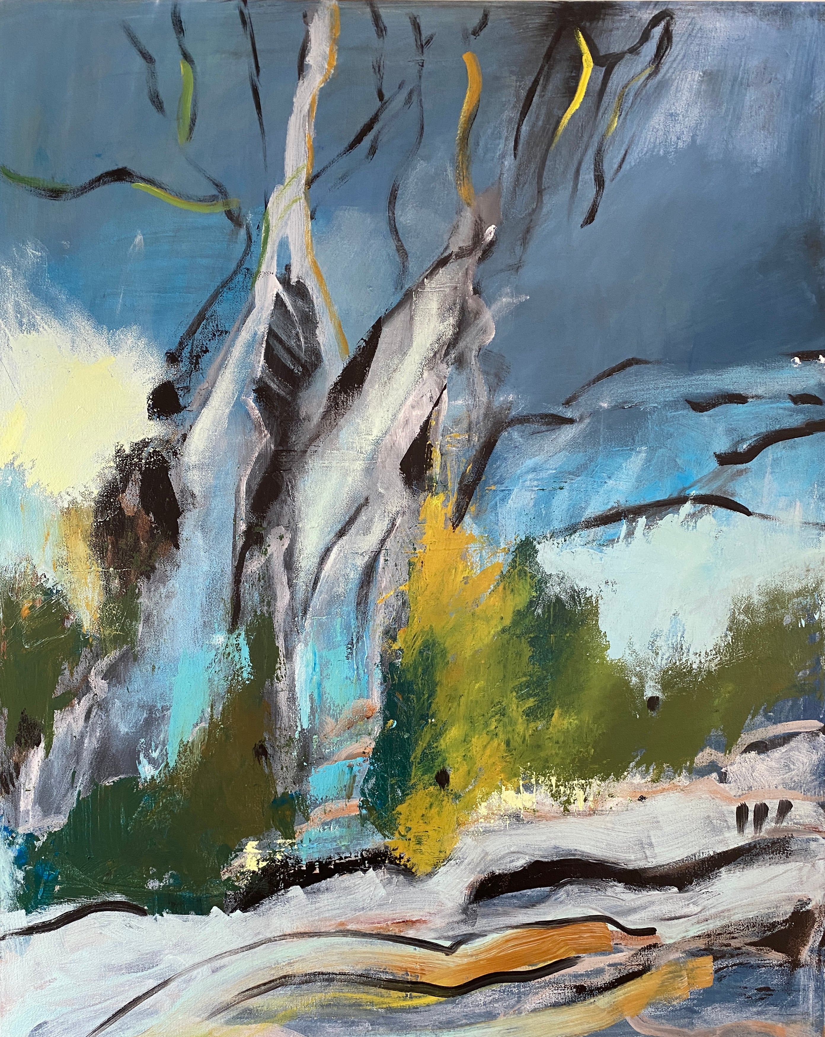 80x100 Nature's collapse. The sky weeps blue, the earth stands still, as nature bends against its will