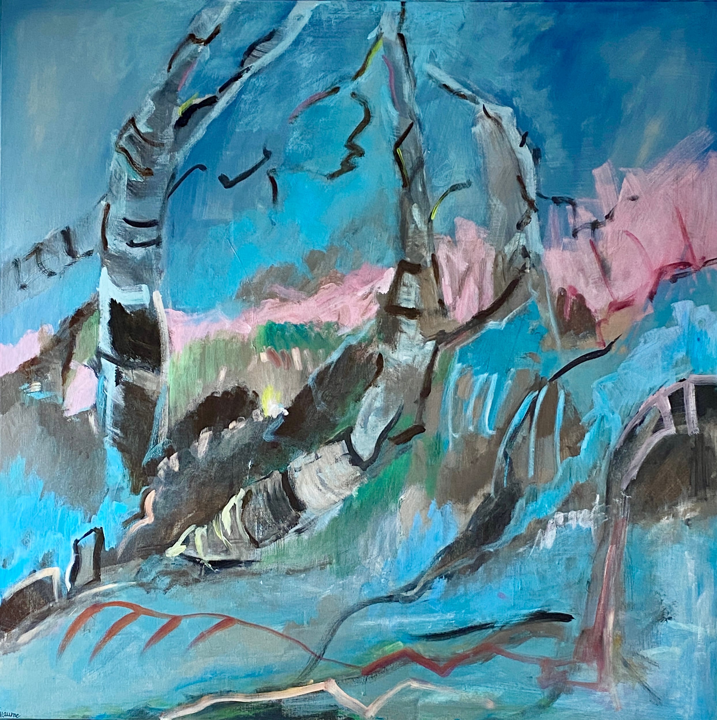 100x100 Nature's uprising. Soft pinks clash with rising blue, the earth revolts, and starts anew.